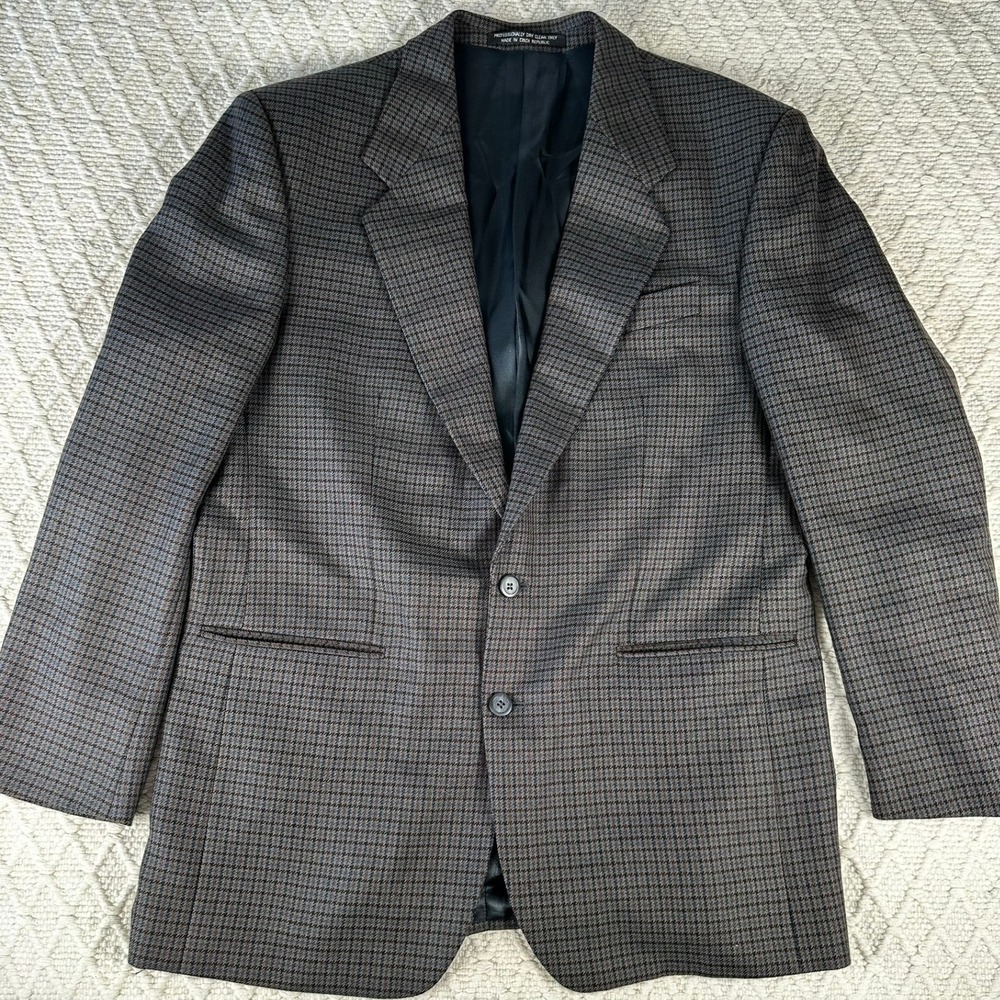 Torriani brown and navy houndstooth Wool Blend Sport Coat Blazer 42L Italian